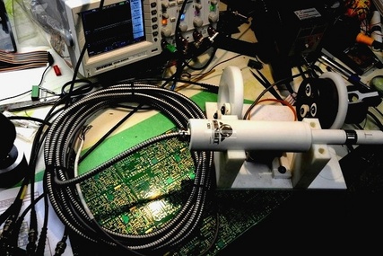 An H14 sensor on a workbench hooked up to a testing aparatus and oscilloscope.
